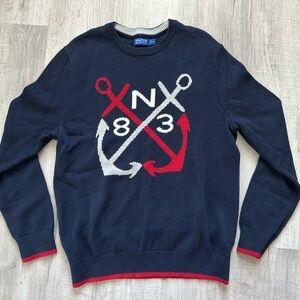 Nautica Men’s Medium Crewneck Knit Sweater Navy Blue w/ Red/Light Gray Anchors